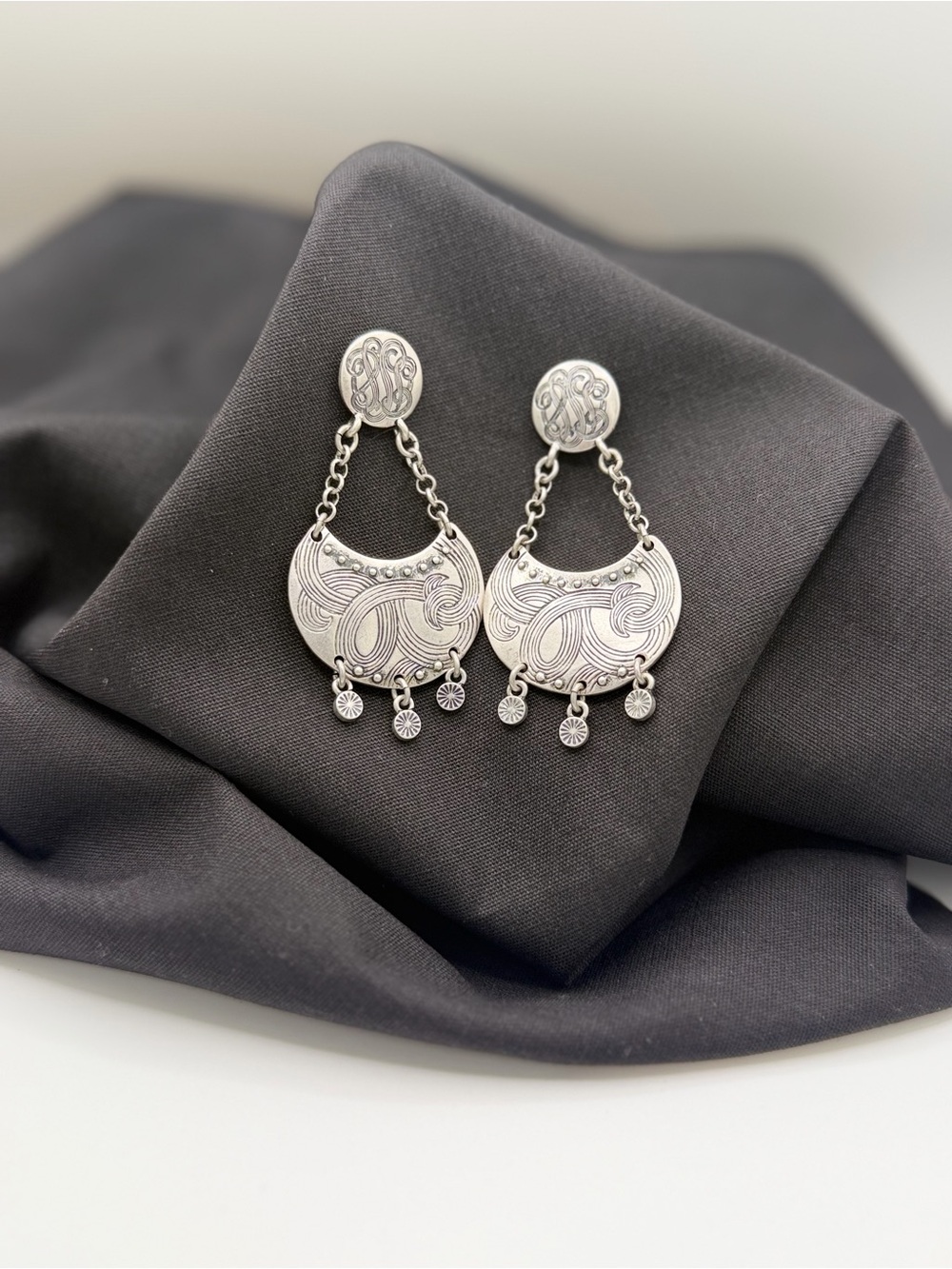 Boho Etched Crescent Drop Earrings Silver Tone
Description